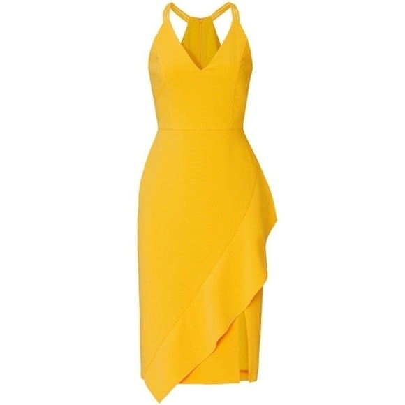 HARLYN Asymmetrical Ruffle Sleeveless V-Neck Yellow‎ Crepe Sheath Midi Dress L - Picture 6 of 8
